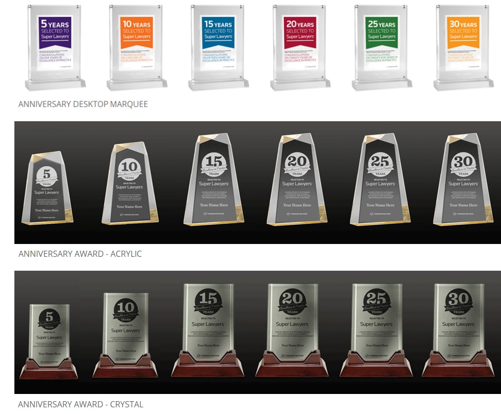 5, 10, 15, 20, 25 and 30 years Anniversary Desktop Marquees, Acrylic Awards and Crystal Awards