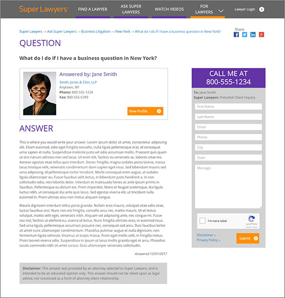 Ask Super Lawyers Answer Page Screenshot